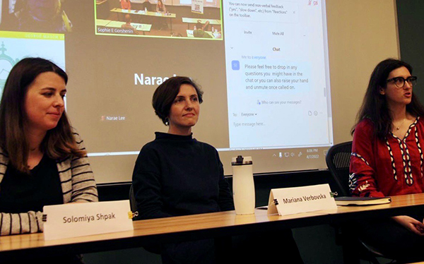 Photo of Solomiya Shpak, Mariana Verbovska, and Mariia Panga from left to right